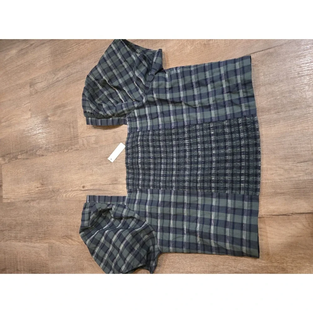 Madewell Hopewell Puff-Sleeve Crop Top Women Green Blue Plaid Blouse Size Large